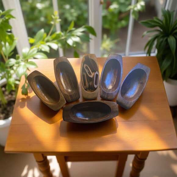 Vintage 6 Wooden Salad Bowl Set with 6 Napkin Rings Midcentury Oblong Bowls - Picture 1 of 11